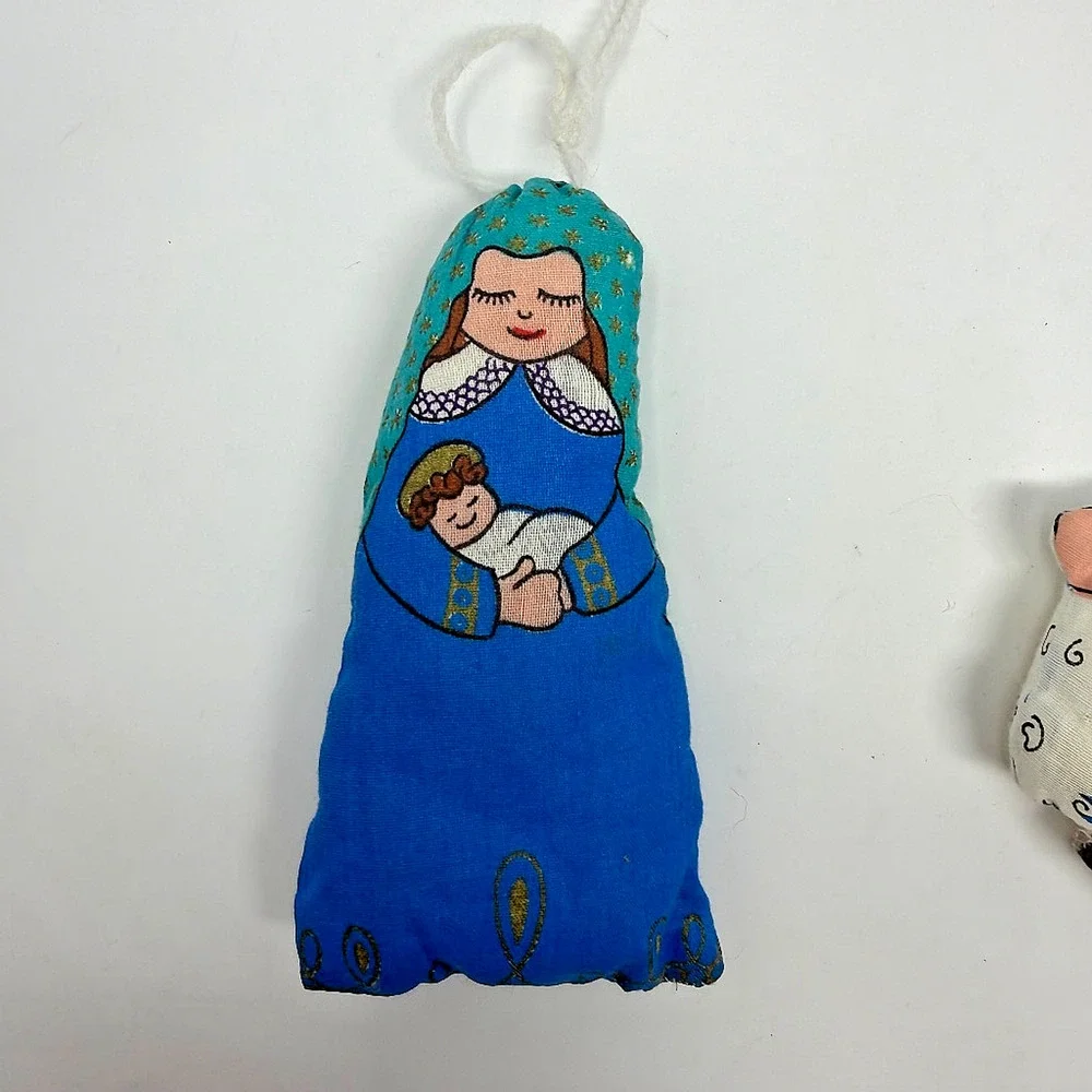 Handmade Fabric Nativity Ornaments Mary Baby Jesus Sheep Lot of 2